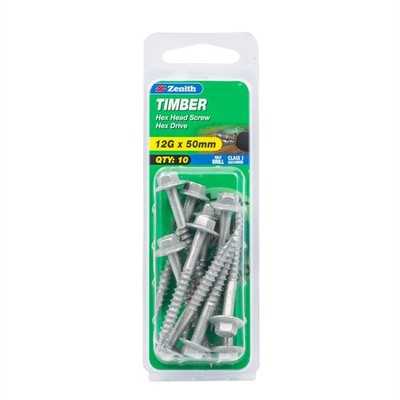 Zenith 12G x 50mm Galvanised Hex Head Timber Screws - 10 pieces