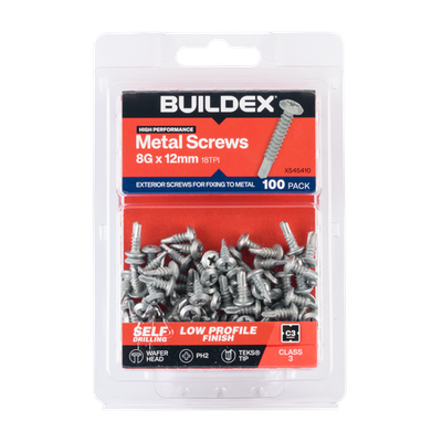 Buildex 8G x 12mm Class 3 Wafer Head Sheet Metal Screws - 100 pieces