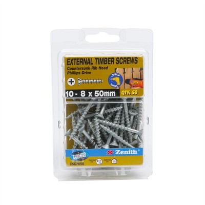 Zenith 10 - 8 x 50mm Galvanised Countersunk Rib Head Timber Screws - 50 pieces