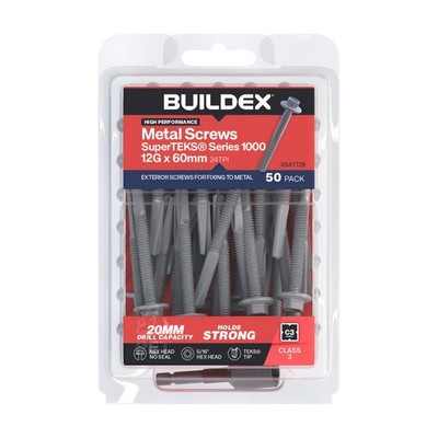 Buildex 12G x 60mm Class 3 Galvanised SuperTEKS® Series 1000 Screws - 50 pieces