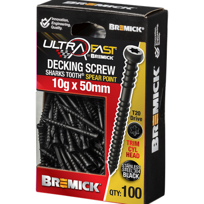 Bremick 10G x 50mm Black Stainless Steel 304 T20 Trim Decking Screws 502TBL - 10