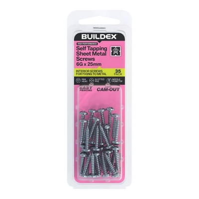 Buildex 6G x 25mm Zinc Plated Self Tapping Sheet Metal Screws 2 pcs