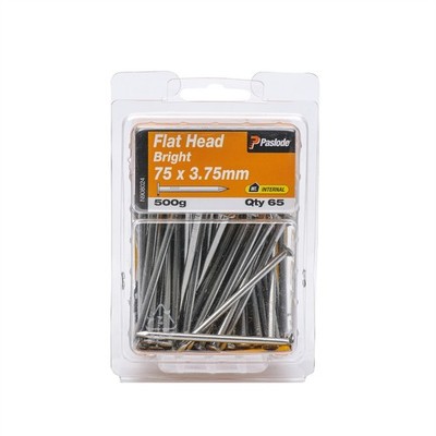 Paslode 75 x 3.75mm 500g Bright Steel Flat Head Nails - 65 pieces