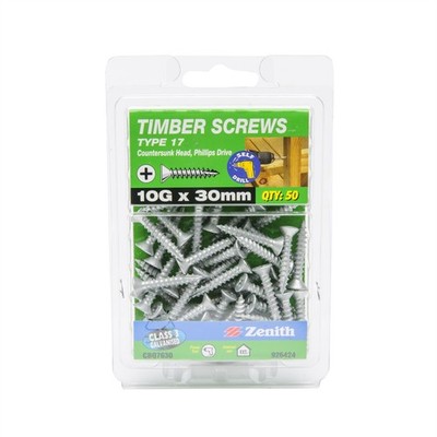 Zenith 10G x 30mm Galvanised Type 17 Countersunk Head Timber Screws - 50 pieces