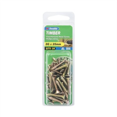 Zenith 8G x 25mm Gold Passivated Countersunk Head Timber Screws - 35 pieces