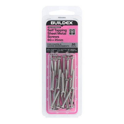 Buildex 6G x 25mm SS316 Self Tapping Sheet Metal Screws - 50 pieces