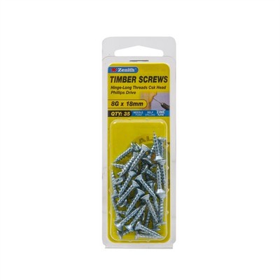 Zenith 8G x 20mm Zinc Plated Hinge-Long Threads Countersunk Head 2 pieces