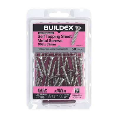 Buildex 10G x 32mm SS316 Self Tapping Sheet Metal Screws - 50 pieces