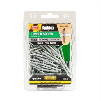 Buildex® 8 - 10 x 40mm Zinc Alloy 3 Trim Head Timber Screw - 100 pieces