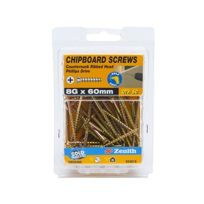 Zenith 8G x 60mm Countersunk Rib Head Chipboard Screws - 50 Pack(3)More options