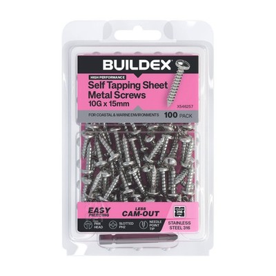 Buildex 10G x 15mm SS316 Self Tapping Sheet Metal Screws - 100 pieces