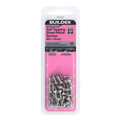 Buildex 6G x 12mm SS316 Self Tapping Sheet Metal Screws - 50 pieces