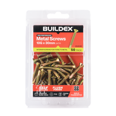 Buildex 10G x 30mm Gold Passivated Sheet Metal Screws - 50 pieces