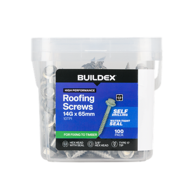 Buildex 14G x 65mm Class 3 Roofing Screws With Seal - 100 pieces