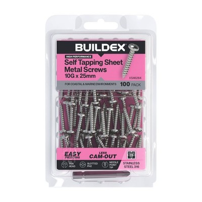 Buildex 10G x 25mm SS316 Self Tapping Sheet Metal Screws - 100 pieces