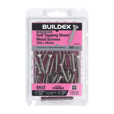 Buildex 10G x 38mm SS316 Self Tapping Sheet Metal Screws (Countersunk Head) - 50
