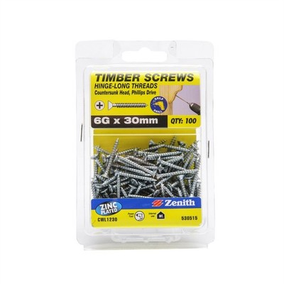 Zenith 6G x 30mm Zinc Plated Hinge-Long Thread Countersunk Head Timber 2 pieces