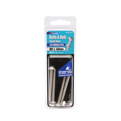 Zenith M5 x 50mm 316 Stainless Steel Round Head Bolt And Nut - 4 pieces