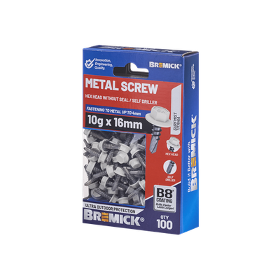 Bremick Metal Hex Screw 10g x 16mm B8 SM PK100