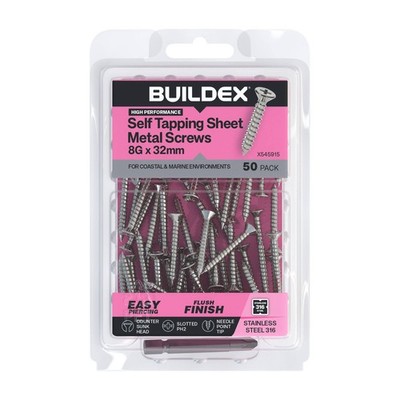 Buildex 8G x 32mm SS316 Self Tapping Sheet Metal Screws - 50 pieces