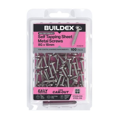 Buildex 8G x 18mm SS316 Self Tapping Sheet Metal Screws - 100 pieces