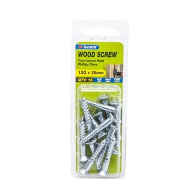 Zenith 12G x 38mm Zinc Plated Countersunk Head Wood Screws 2 pcs