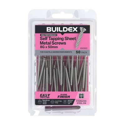 Buildex 8G x 50mm SS316 Self Tapping Sheet Metal Screws - 50 pieces
