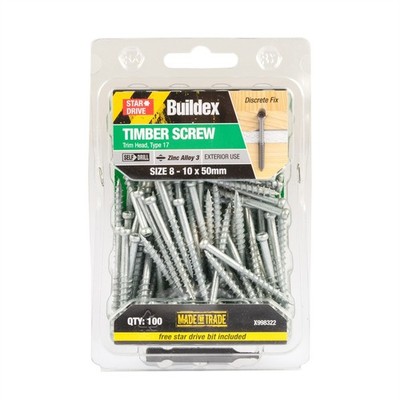 Buildex® 8 - 10 x 50mm Zinc Alloy 3 Trim Head Timber Screw - 100 pieces