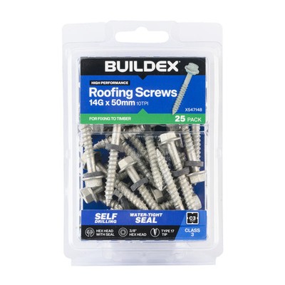 Buildex 14G x 50mm Class 3 Roofing Screws With Seal - 25 pieces