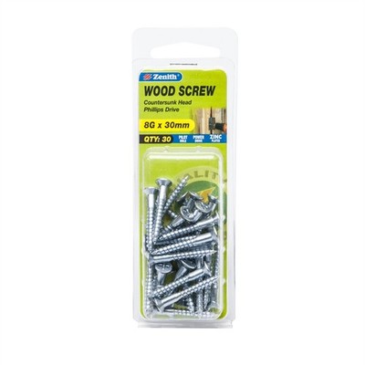 Zenith 8G x 30mm Zinc Plated Countersunk Head Wood Screws 2 pcs