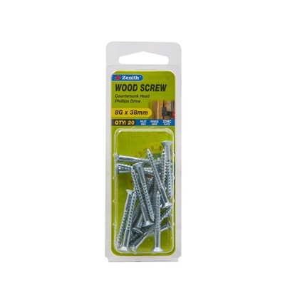 Zenith 8G x 38mm Zinc Plated Countersunk Head Wood Screws - 20 pieces