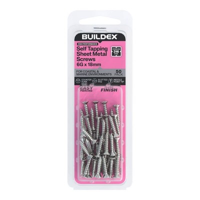 Buildex 6G x 18mm SS316 Self Tapping Sheet Metal Screws - 50 pieces