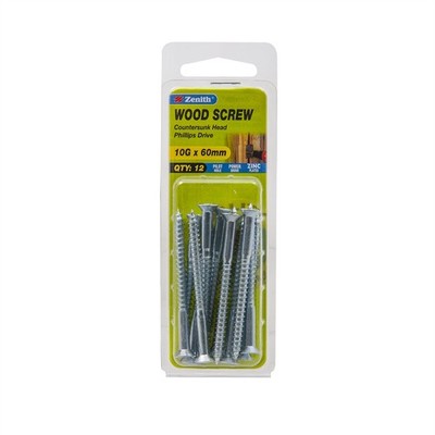 Zenith 10G x 60mm Zinc Plated Countersunk Head Wood Screws 2 pcs