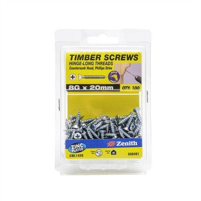 Zenith 8G x 20mm Zinc Plated Hinge-Long Thread Countersunk Head Timber 2 pieces