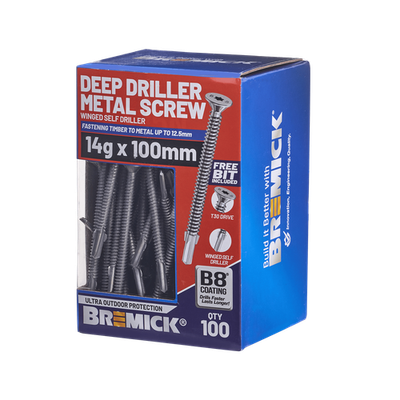 Bremick Metal Deep Driller Screw 14g x 100mm T30 B8 BOX 100