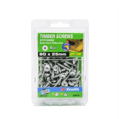Zenith 8G x 25mm Galvanised Button Head Stitching Timber Screws - 100 pieces