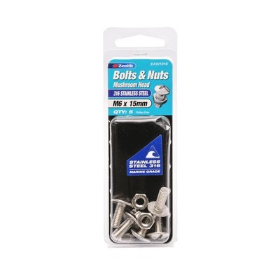 Zenith M6 x 15mm 316 Stainless Steel Mushroom Head Bolt And Nut - 5 pieces