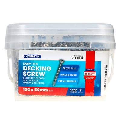 Zenith Easy-Fix Decking Screw T20 10G x 50mm SS304 - 1000 pieces