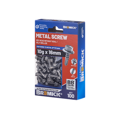 Bremick Metal Hex Screw 10g x 16mm B8 BOX 100
