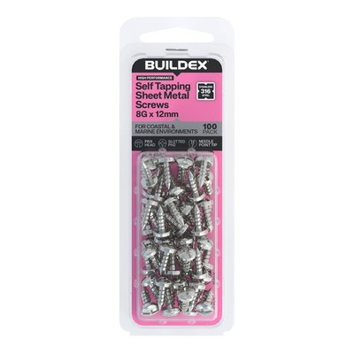 Buildex 8G x 12mm SS316 Self Tapping Sheet Metal Screws - 100 pieces