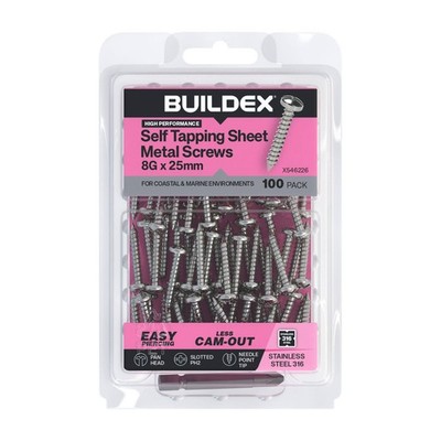 Buildex 8G x 25mm SS316 Self Tapping Sheet Metal Screws - 100 pieces
