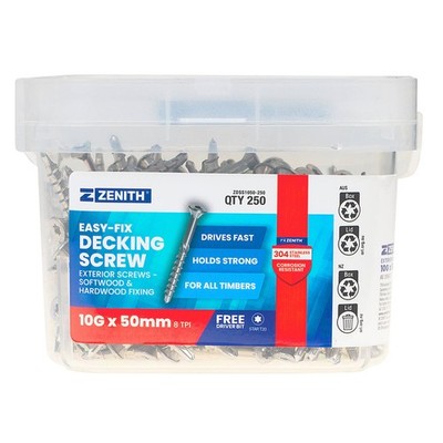 Zenith Easy-Fix Decking Screw T20 10G x 50mm SS304 - 250 pieces
