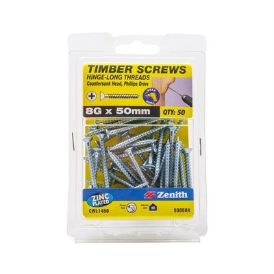 Zenith 8g x 50mm Zinc Plated Hinge Long Thread Timber Screws - 2 pieces