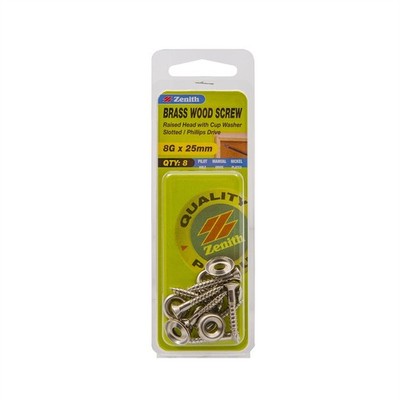 Zenith 8G x 25mm Nickel Plated Brass Raised Head With Cup Washer Wood Screw - 8