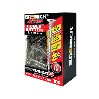 Bremick XTP 14g x 100mm T40 Stainless Steel 316 Bugle Batten - 100 pieces