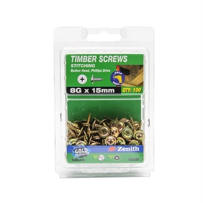 Zenith 8G x 15mm Gold Passivated Button Head Timber Screws - 100 pieces