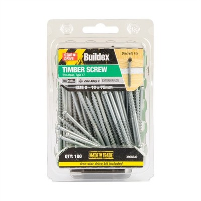 Buildex® 8 - 10 x 75mm Zinc Alloy 3 Trim Head Timber Screw - 100 pieces
