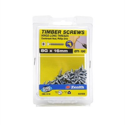 Zenith 8G x 16mm Zinc Plated Hinge-Long Thread Countersunk Head Timber 2 pieces