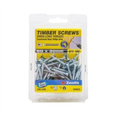 Zenith 8G x 30mm Zinc Plated Hinge-Long Thread Countersunk Head Timber Screws -