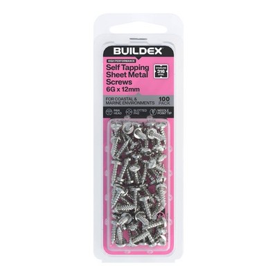 Buildex 6G x 12mm SS316 Self Tapping Sheet Metal Screws - 100 pieces